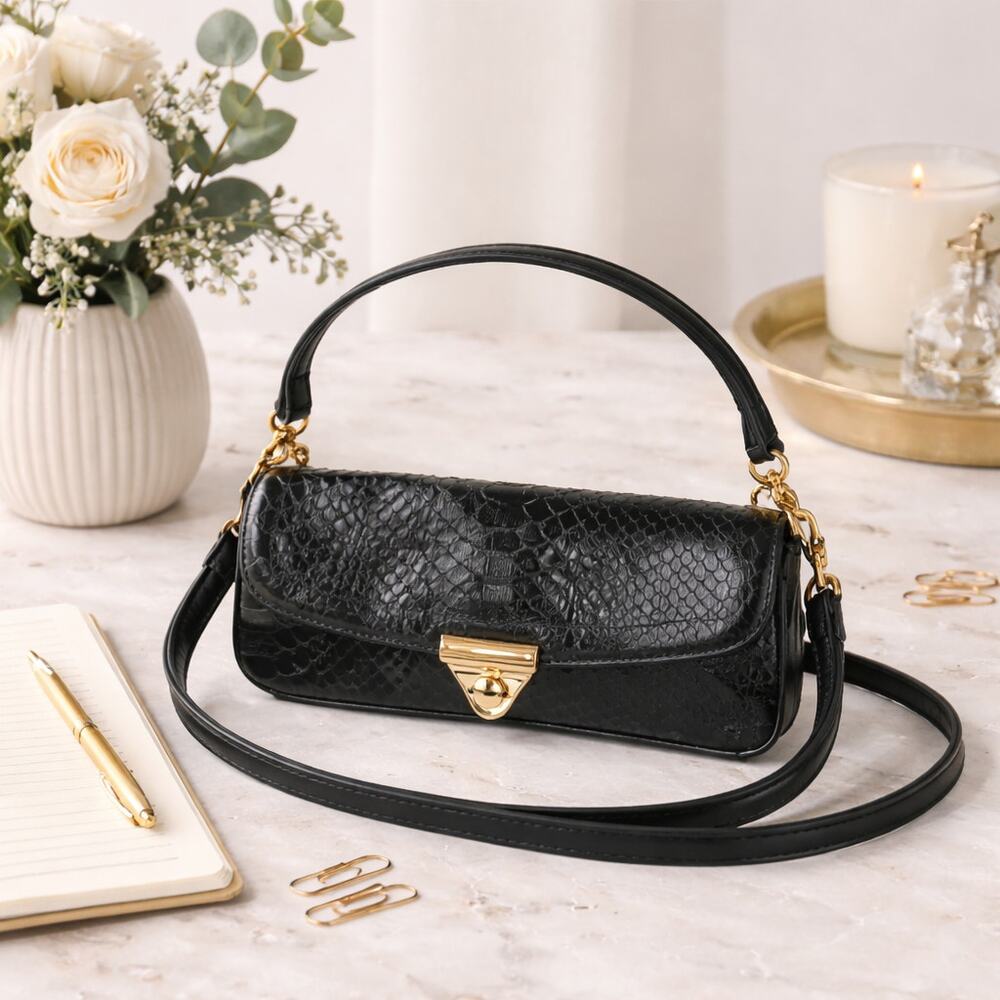 Giani Bernini VTG Petite Convertible Crock Leather Shoulder Bag In Black Y2K